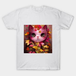 Adorable happy pink cute Kitty On The Autumn leaves cat lovers gift T-Shirt